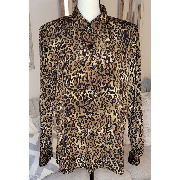 SUSAN GRAVER Blouse Button Up Black Gold Leopard Print Size M With Shoulder Pads - Picture 1 of 7
